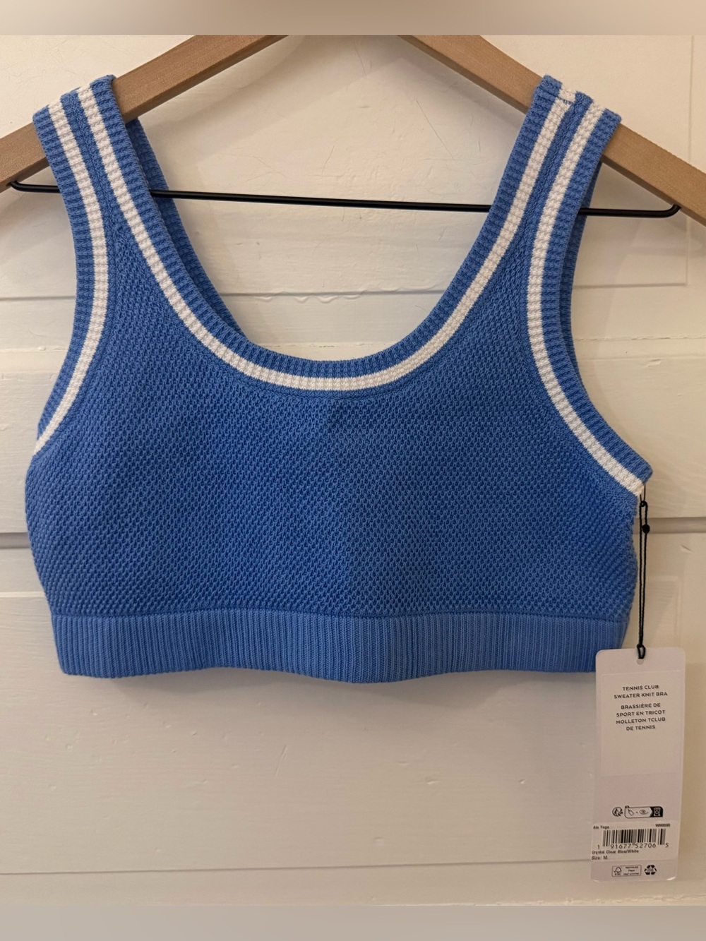 ALO Yoga Tennis Club Sweater Knit Bra Crystal Clear Blue/White M